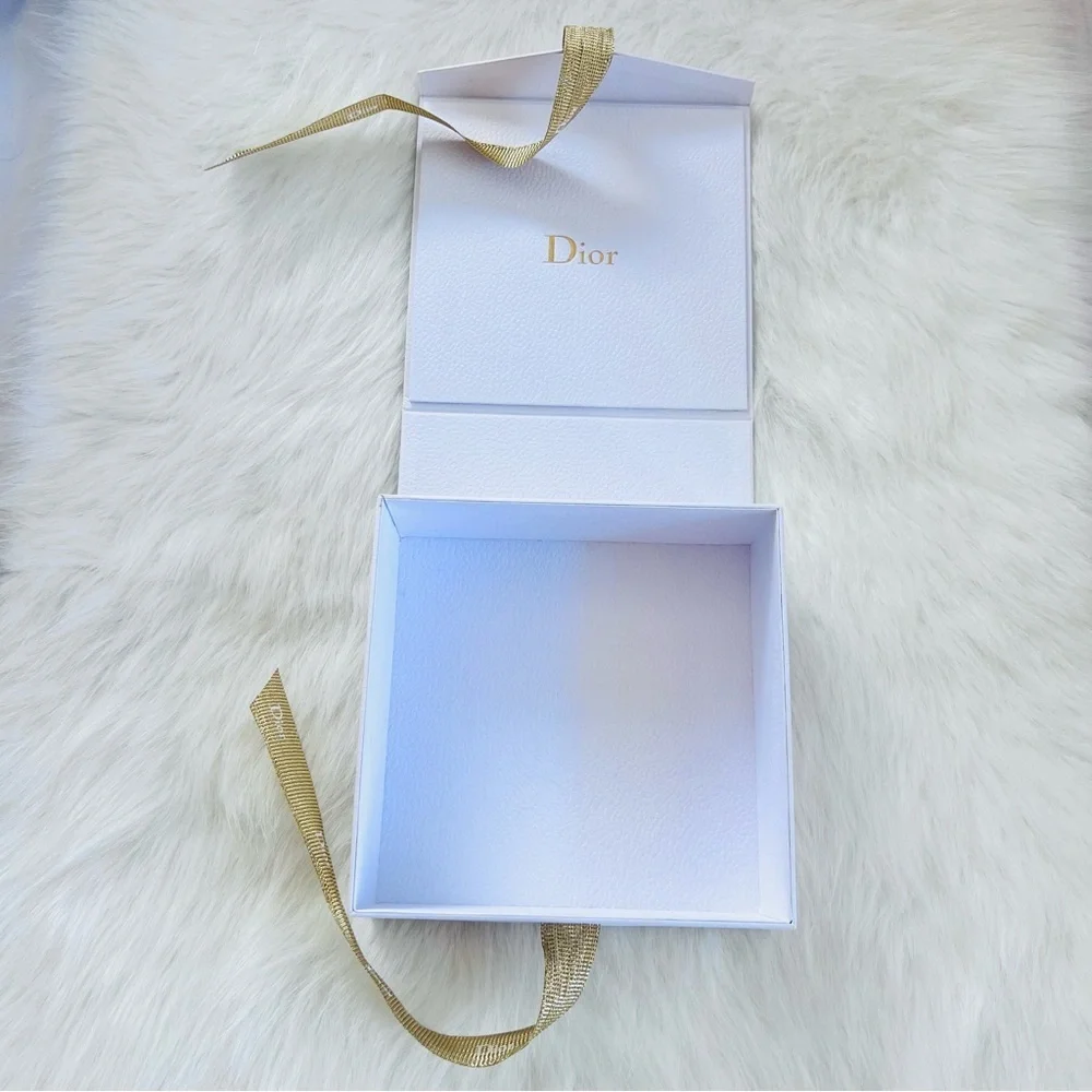 Dior Iconic White Pebbled Texture Gift Box with Gold Dancing Dior Logo Ribbon